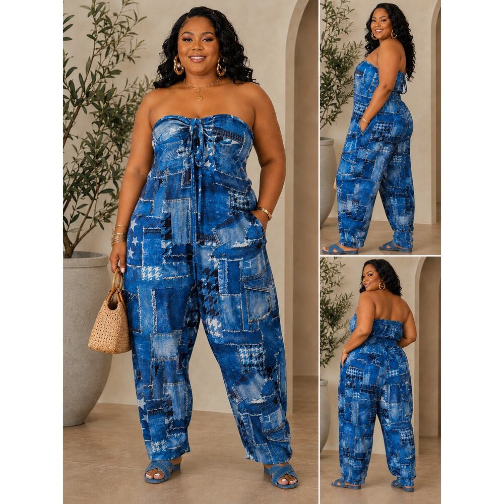 Goodtimes USA Denim Patchwork Strapless Jumpsuit 1X Boho Harem Lounge Resort